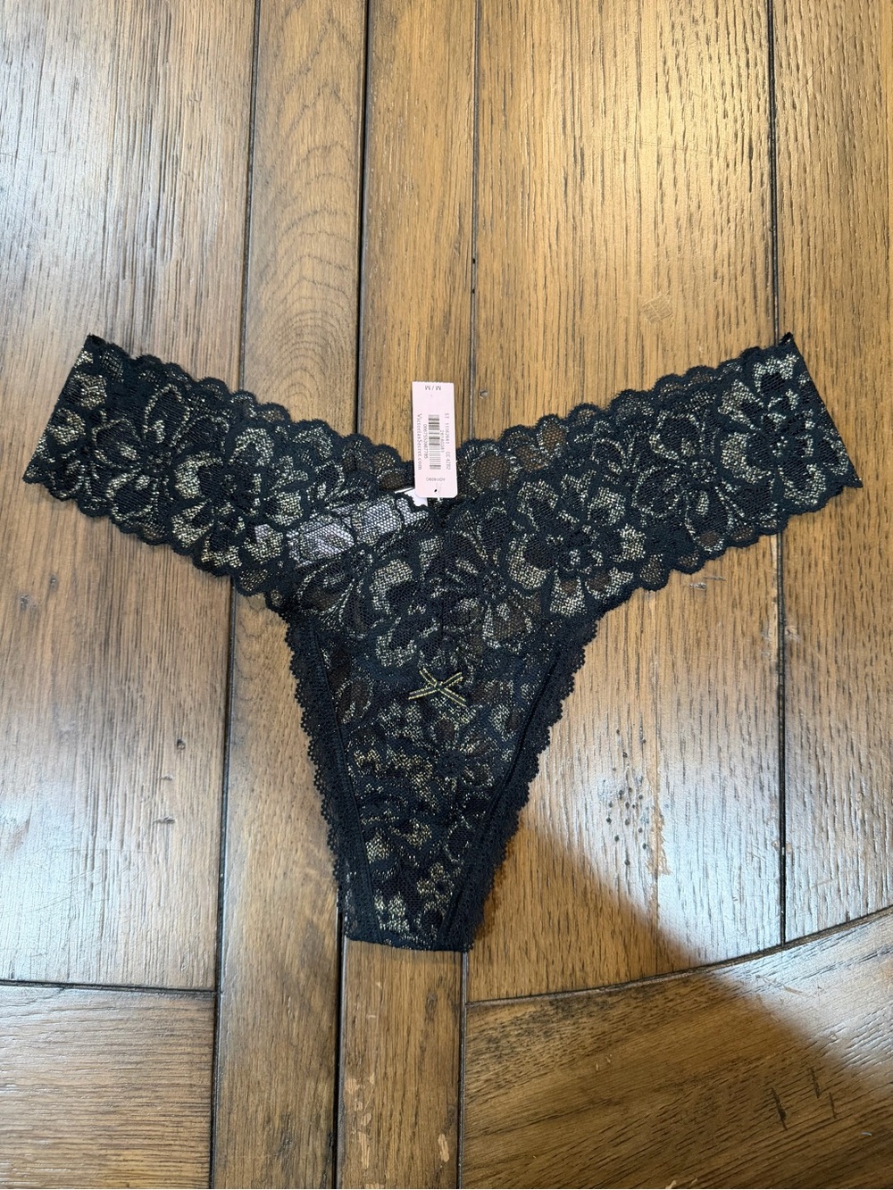 Victoria's Secret Black Lace Thong with Gold Metallic Thread